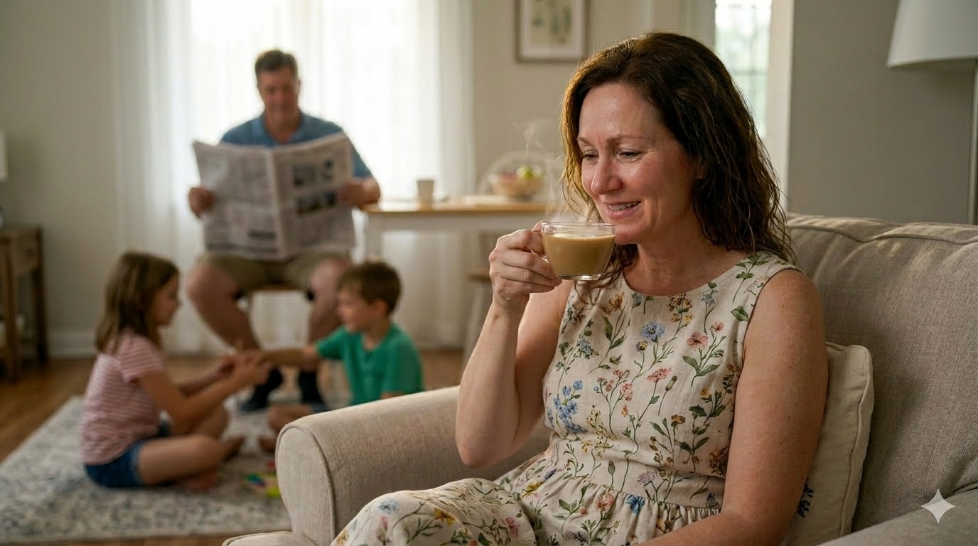 Woman in her late 40s feeling calm and energetic at home after finding natural menopause relief