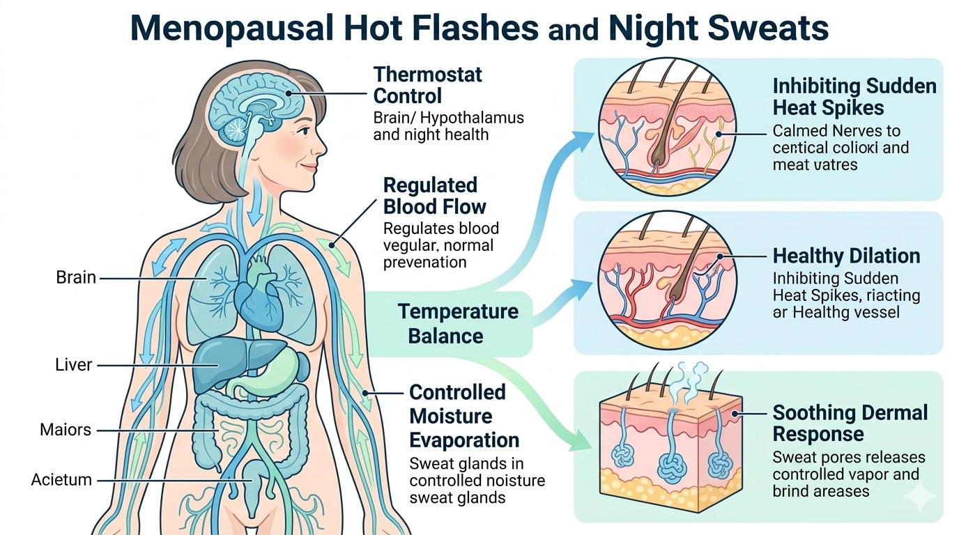 Biological diagram showing hypothalamus thermostat control, regulated blood flow and controlled moisture evaporation involved in menopausal hot flashes
